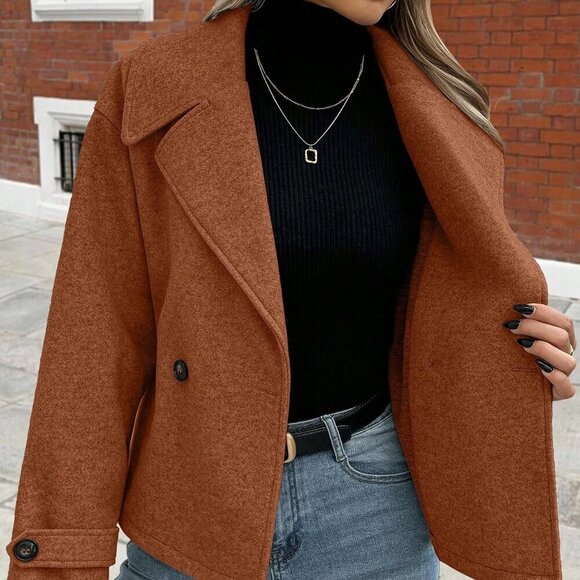 Brown Casual Women's Oversized Collar Button down Long Sleeve Coat - Picture 7 of 7